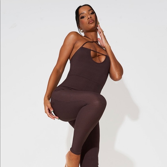 Chocolate Ribbed Cross Front Jumpsuit - Picture 2 of 3